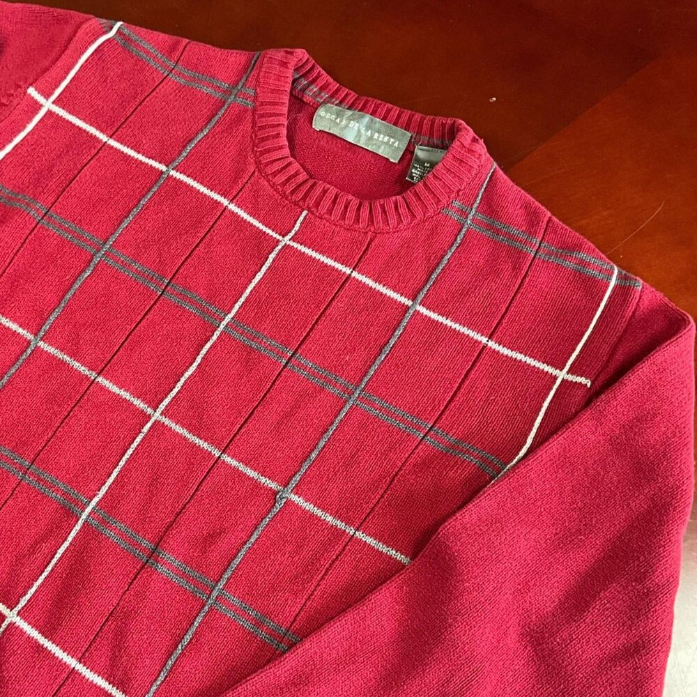 VTG Mens Oscar de la Renta GrandpaCore Designer Plaid Crewneck Sweater (Medium)